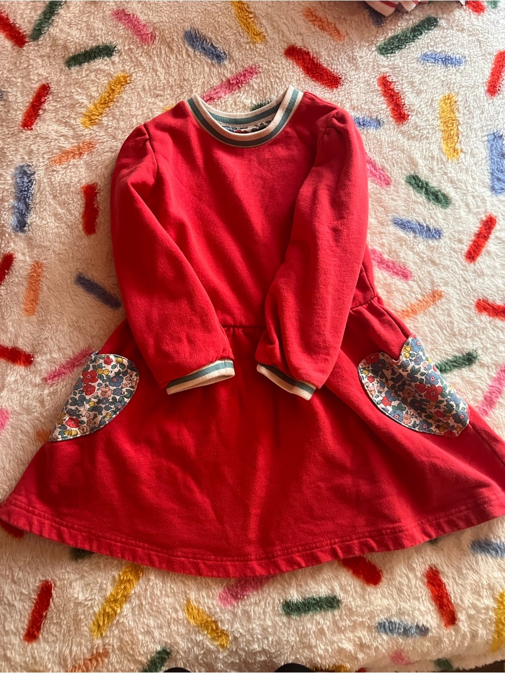 Mini Boden Red Dress with Floral Patch Pockets